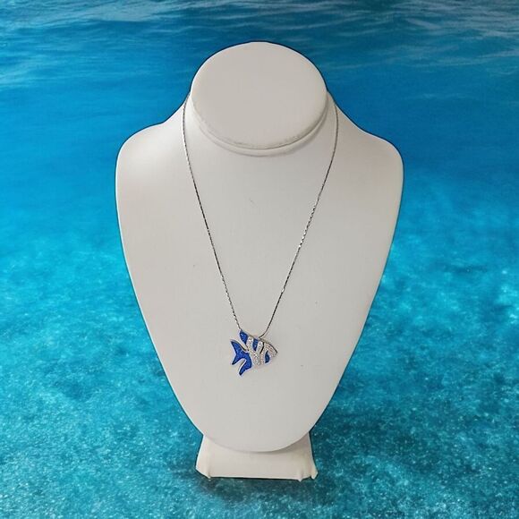 Tropical Fish Angelfish Pendant Necklace Pave Crystal Blue Clear Silver Tone - Picture 12 of 16